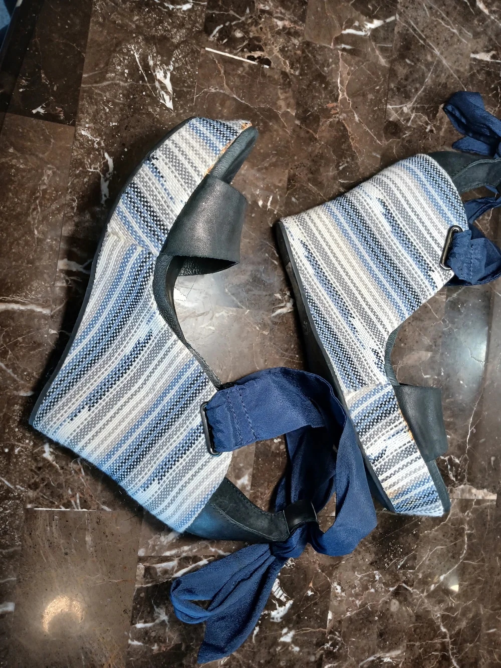 UGG Blue and White Striped Wedge Sandals with Navy Ankle Tie